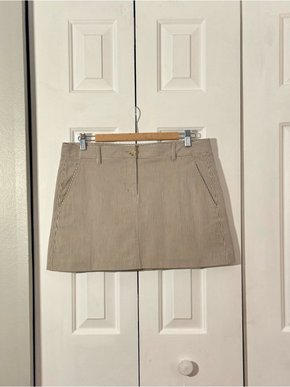 Theory Striped Skirt Size 10 Ivory Brown Pencil Workwear Chic